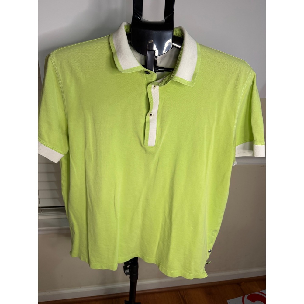 Hugo Boss Mens Lime Green Pique Polo Shirt White Trim Short Sleeve Size Large